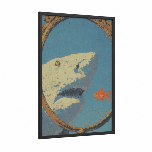 Vintage Shark Circle framed sand tiger shark print — black wood frame — blue and cream palette