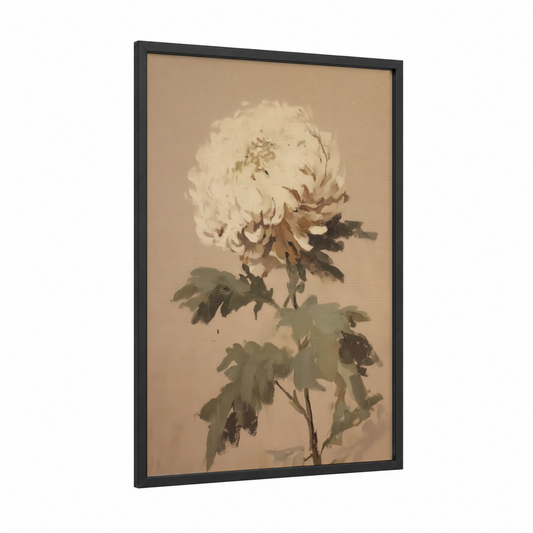 Cream Chrysanthemum framed art print — black wood frame — cream and sage green palette