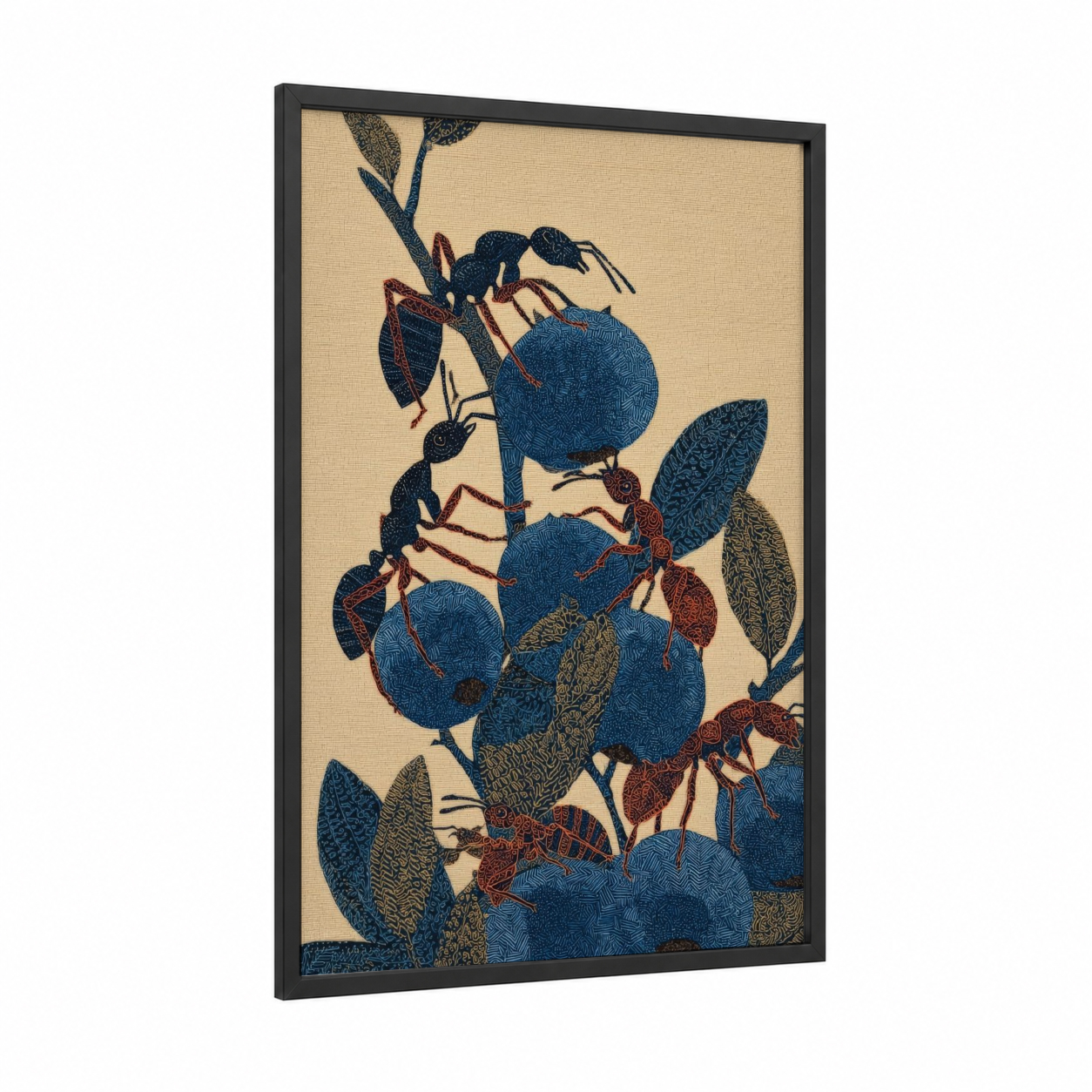 Industrious Ants framed art print — black wood frame — blue and russet palette