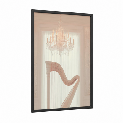 Elegant Harp framed art print — black wood frame — peach and cream palette