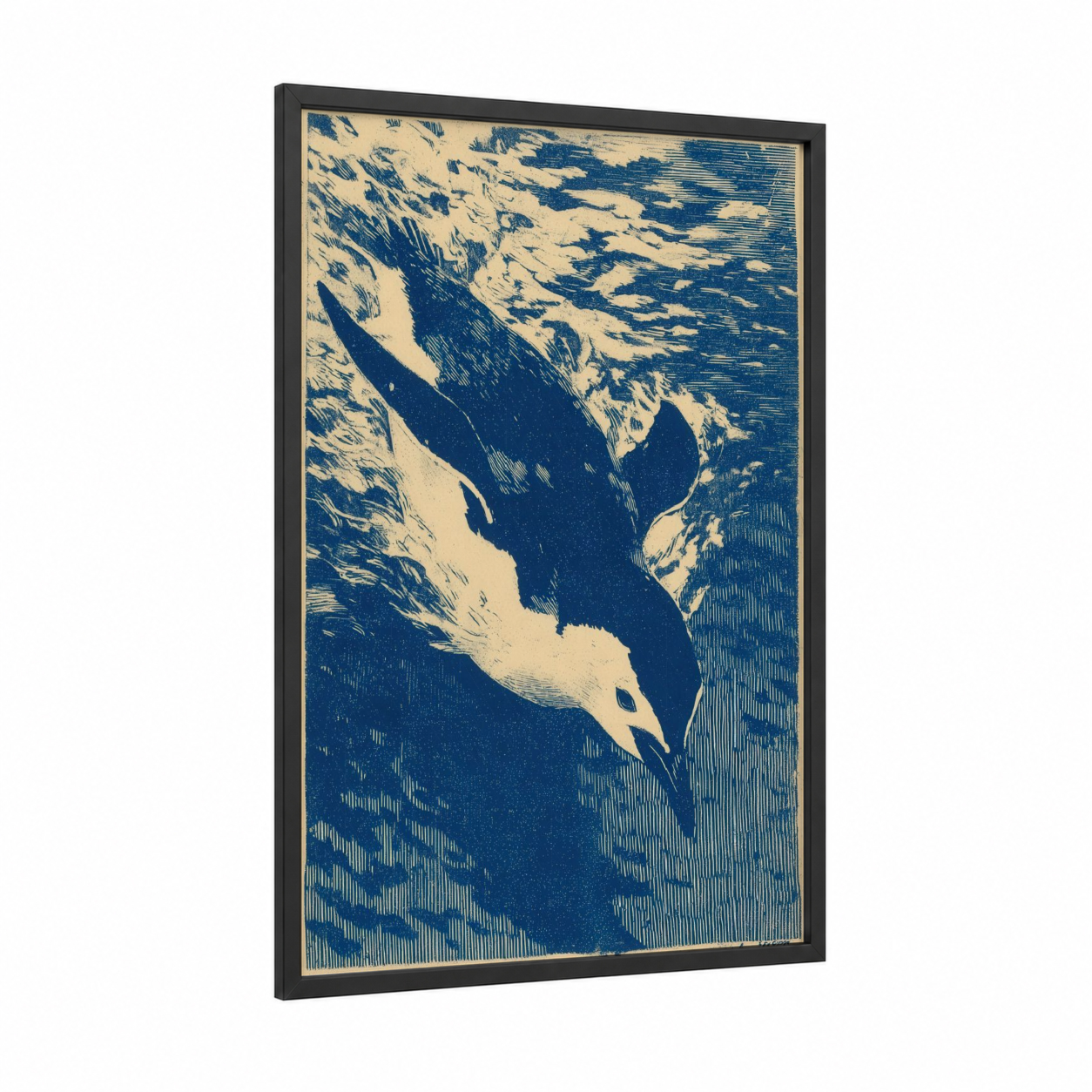Diving Penguin framed art print — black wood frame — blue and white palette