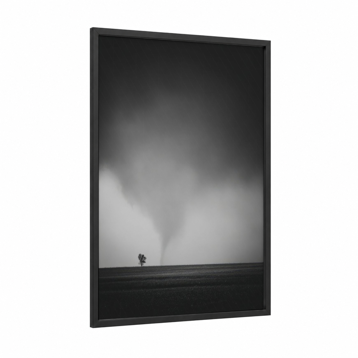 Solitary Tornado framed art print — black wood frame — black and white and gray palette