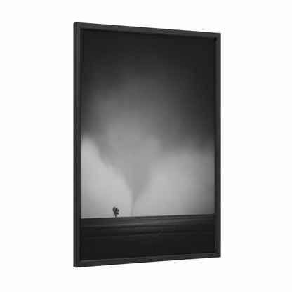 Solitary Tornado framed art print — black wood frame — black and white and gray palette