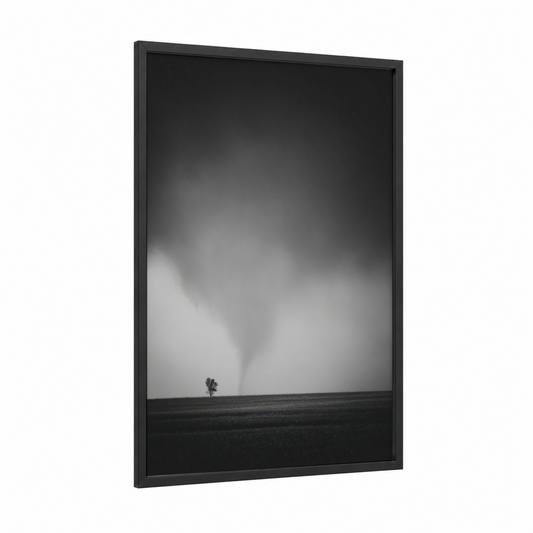 Solitary Tornado framed art print — black wood frame — black and white and gray palette