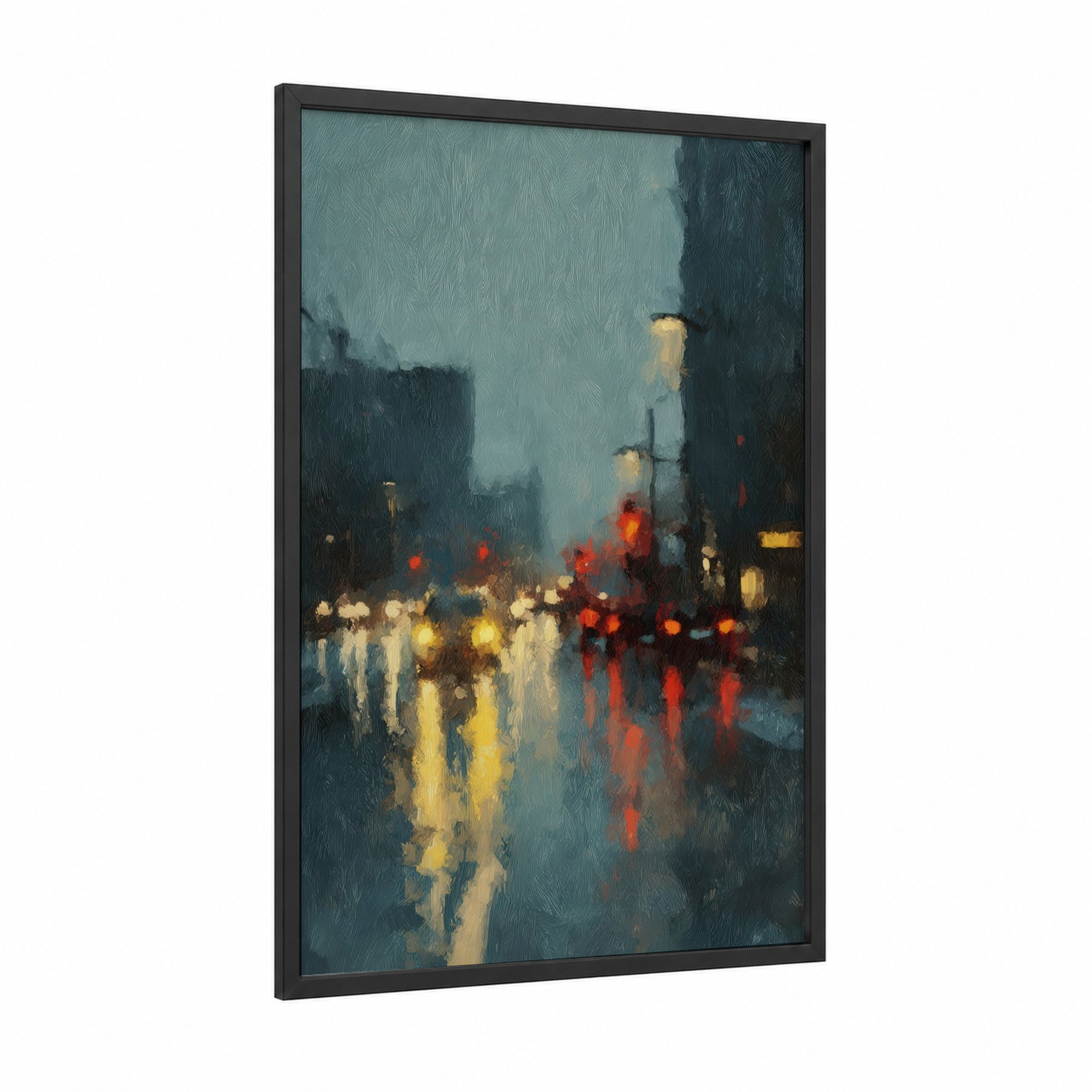 Rainy Evening Street framed road and highways print — black wood frame — blue and gold and red palette