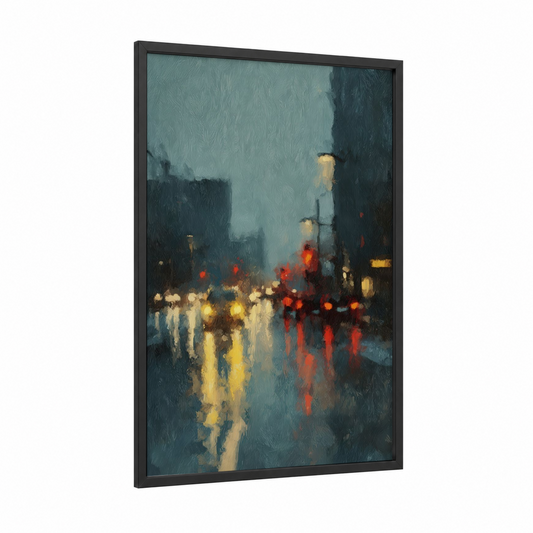 Rainy Evening Street framed road and highways print — black wood frame — blue and gold and red palette