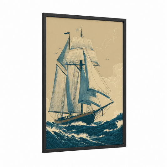 Majestic Sailing Ship framed art print — black wood frame — cream and teal palette