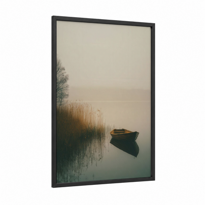 Misty Lake Boat framed art print — black wood frame — cream and gray palette