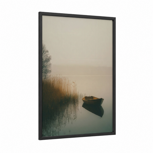 Misty Lake Boat framed art print — black wood frame — cream and gray palette