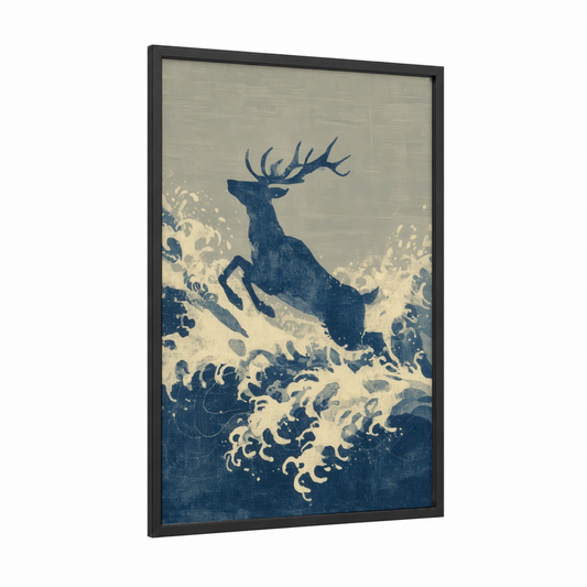 Leaping Reindeer framed art print — black wood frame — dark blue and cream palette