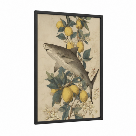 Citrus Lemon Shark framed art print — black wood frame — gold and olive palette