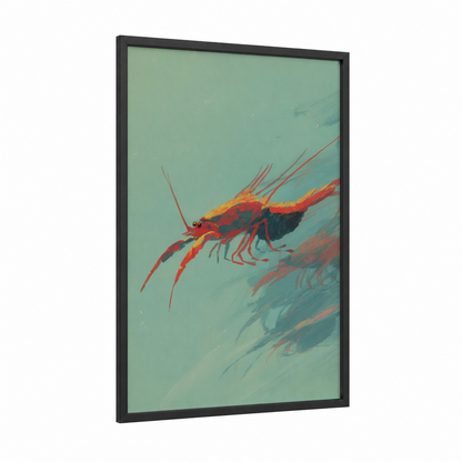 Crimson Crayfish framed art print — black wood frame — teal and red palette