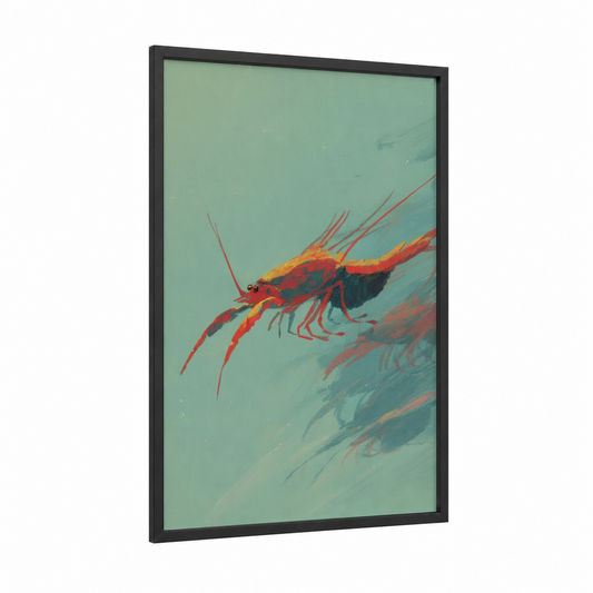 Crimson Crayfish framed art print — black wood frame — teal and red palette