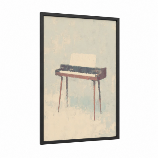 Vintage Keyboard framed art print — black wood frame — cream and dove gray palette