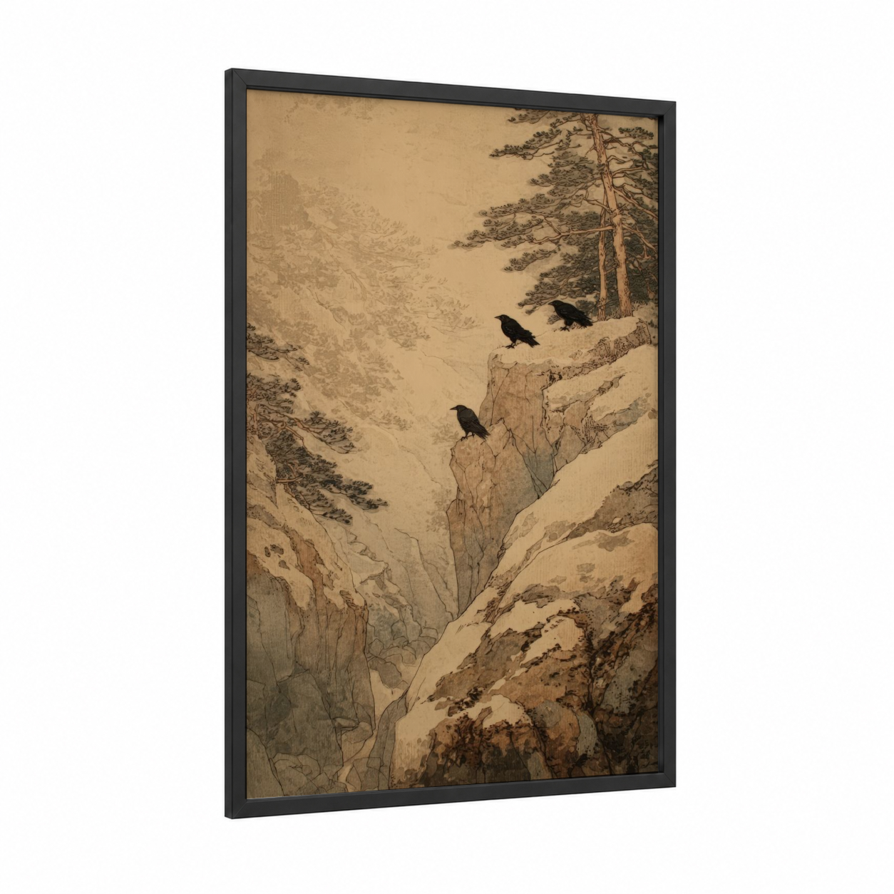 Mountain Canyon Birds framed art print — black wood frame — beige and sage green palette