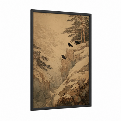 Mountain Canyon Birds framed art print — black wood frame — beige and sage green palette
