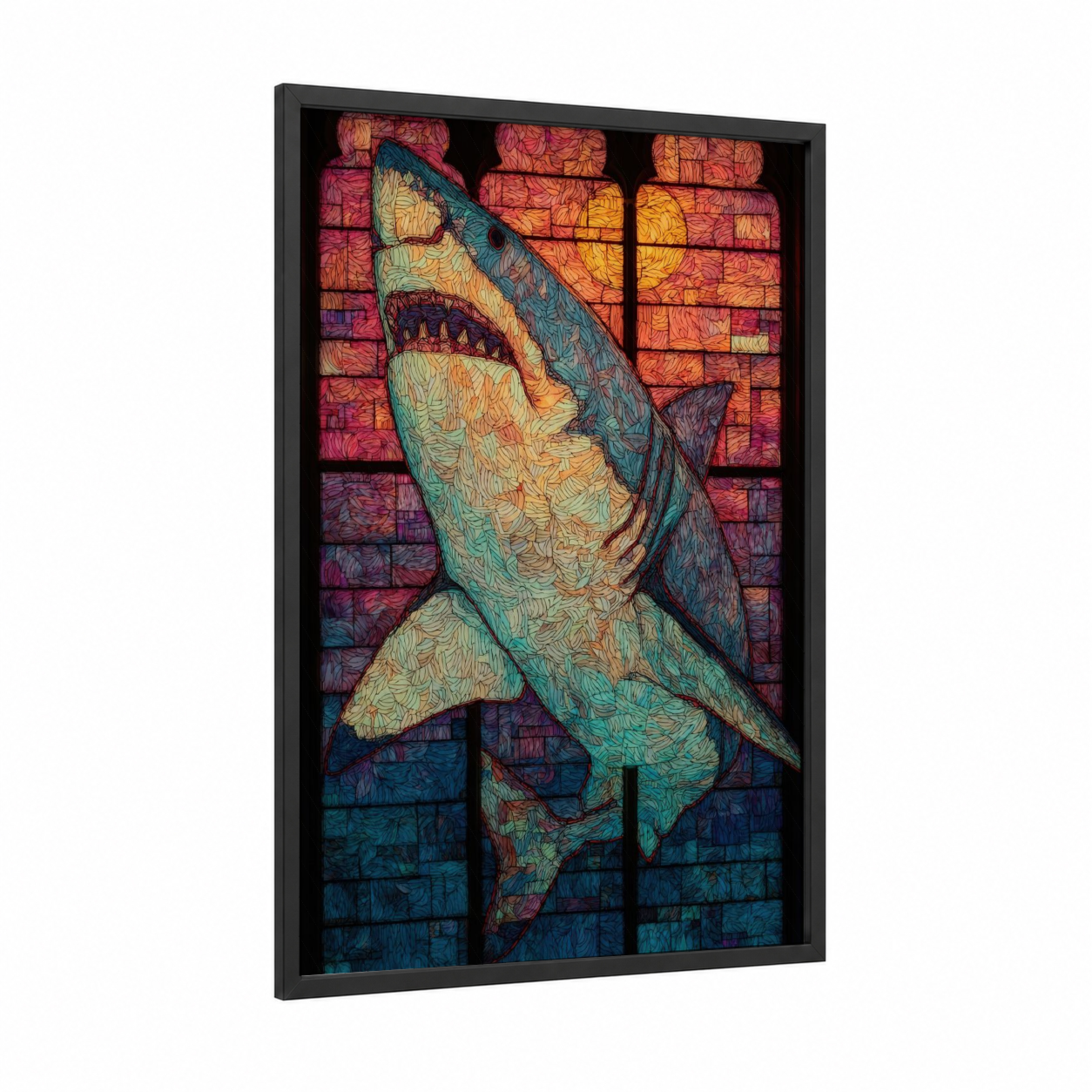 Stained Glass Shark framed great white shark print — black wood frame — gold and teal palette