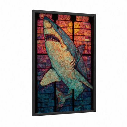 Stained Glass Shark framed great white shark print — black wood frame — gold and teal palette