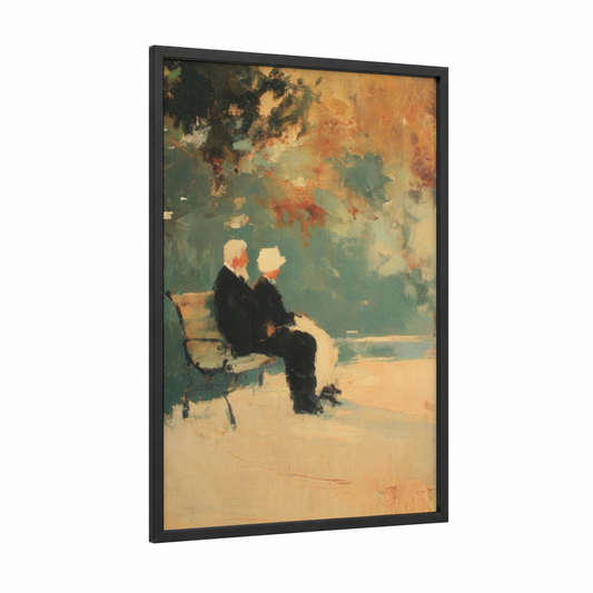 Contemplative Couple framed art print — black wood frame — sage green and cream palette