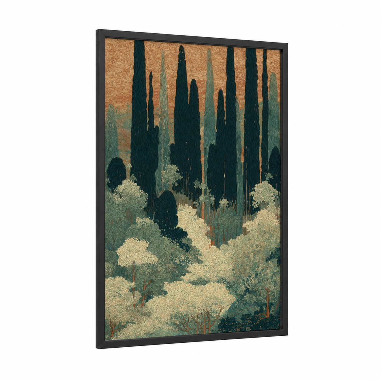Cypress Grove Serenity framed cedar forest print — black wood frame — gold and dark green palette