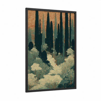 Cypress Grove Serenity framed cedar forest print — black wood frame — gold and dark green palette