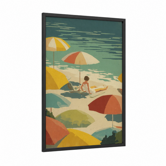 Sunny Beach Day framed summer print — black wood frame — yellow gold and teal palette