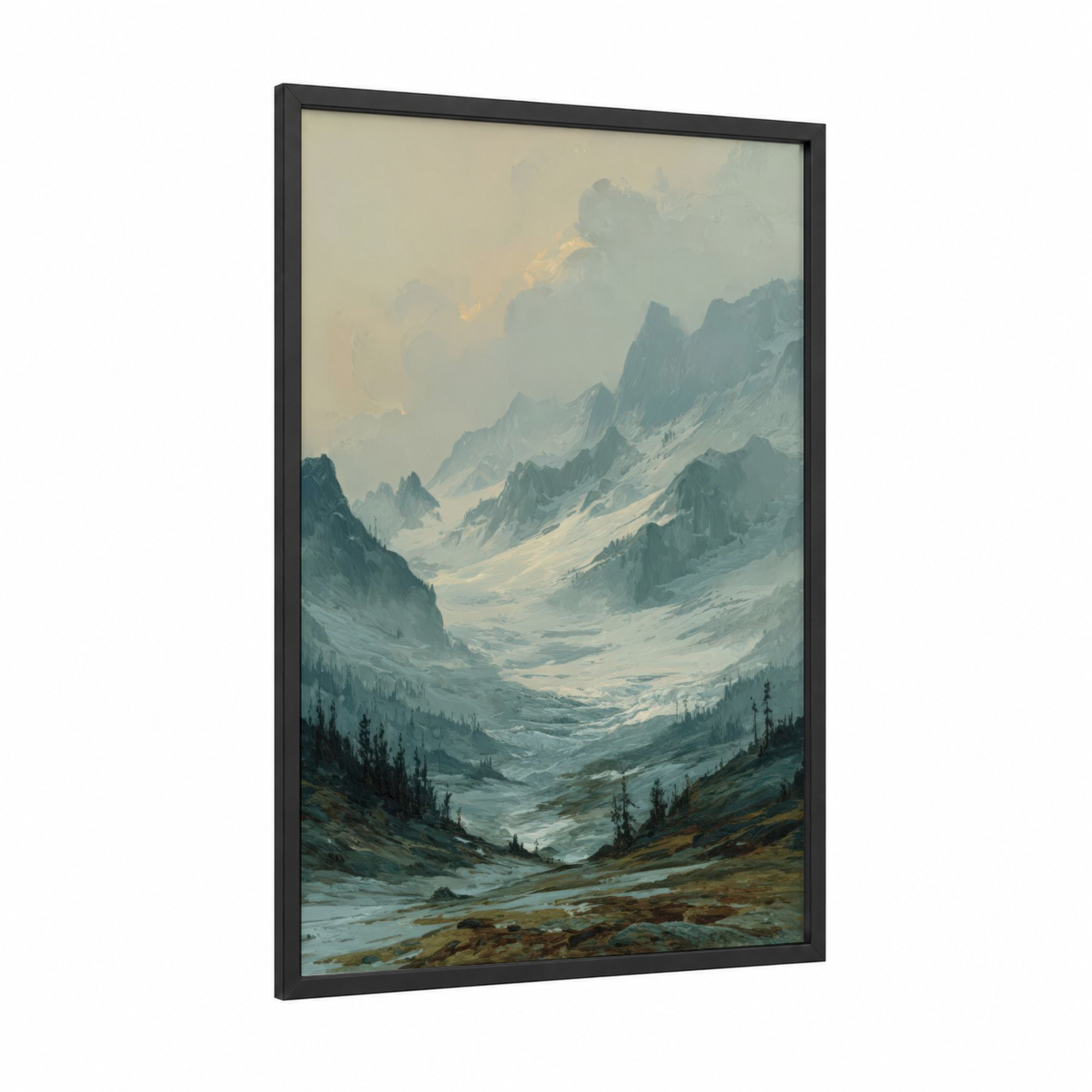 Alpine Glacier Valley framed art print — black wood frame — blue and white and cream palette