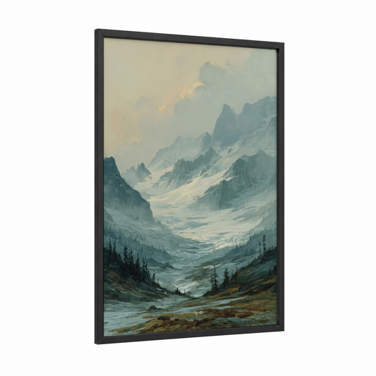 Alpine Glacier Valley framed art print — black wood frame — blue and white and cream palette