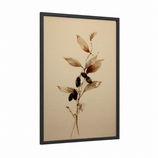 Botanical Coffee Plant framed art print — black wood frame — beige and brown palette