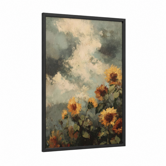 Stormy Sunflower Field framed art print — black wood frame — gold and gray palette