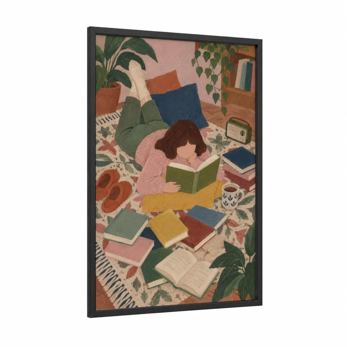Woman Reading With Plants Wall Art framed art print — black wood frame — green and pink palette