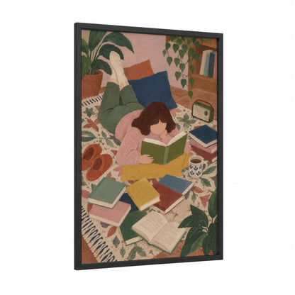 Woman Reading With Plants Wall Art framed art print — black wood frame — green and pink palette