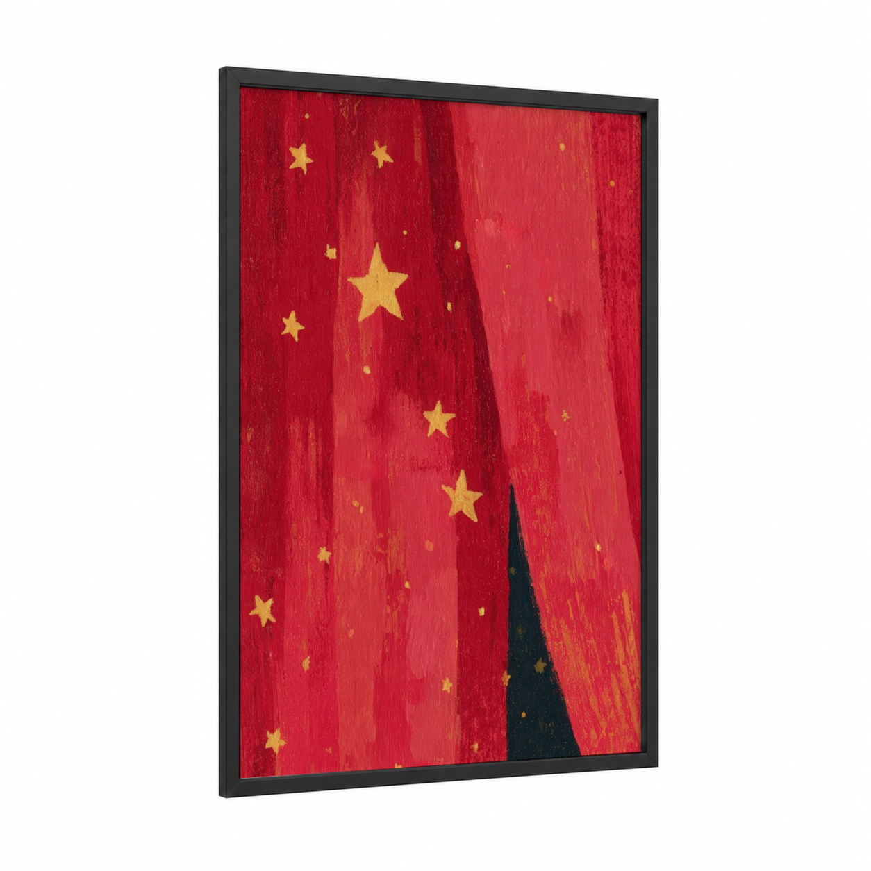 Crimson Star Field framed art print — black wood frame — red and gold palette