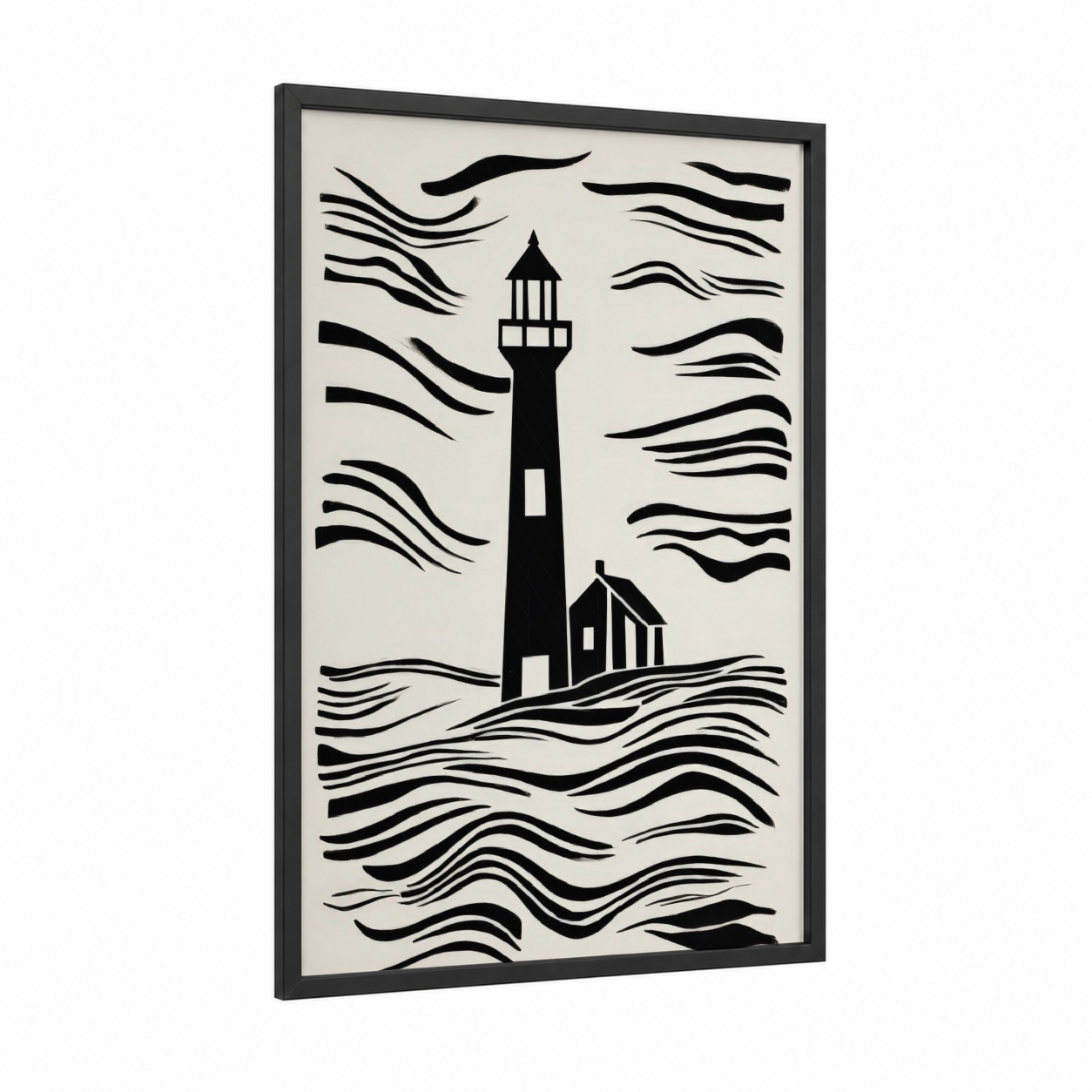 Coastal Lighthouse framed art print — black wood frame — black and white palette