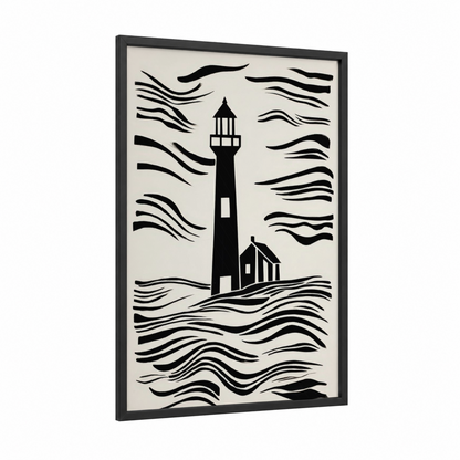 Coastal Lighthouse framed art print — black wood frame — black and white palette