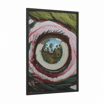 Tropical Macaw Eye framed art print — black wood frame — pink and green palette