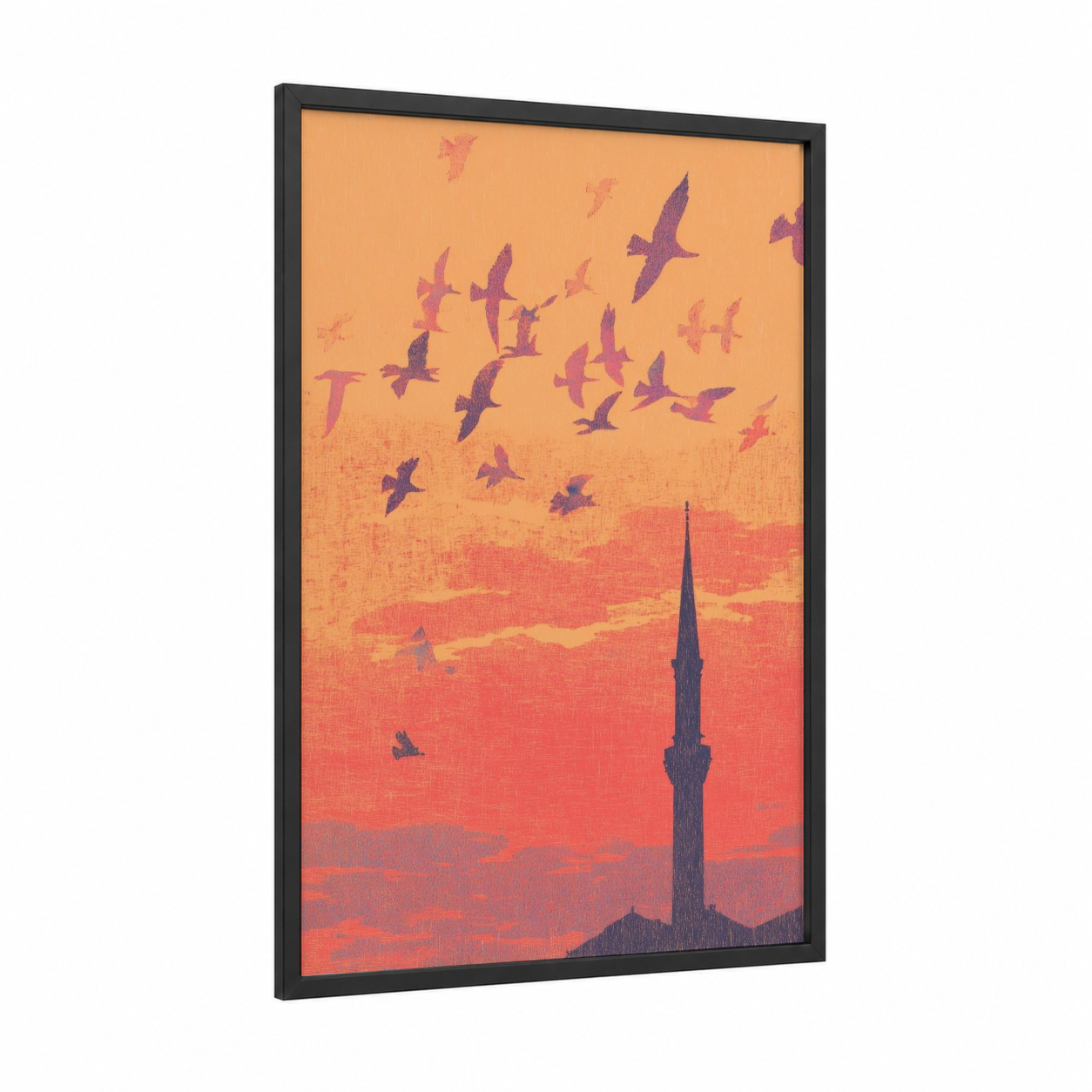 Sunset Minaret framed islam print — black wood frame — gold and red palette