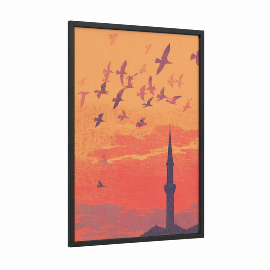 Sunset Minaret framed islam print — black wood frame — gold and red palette
