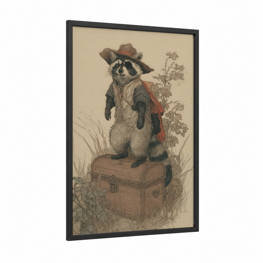 Adventurer Raccoon framed art print — black wood frame — champagne gold and brown palette