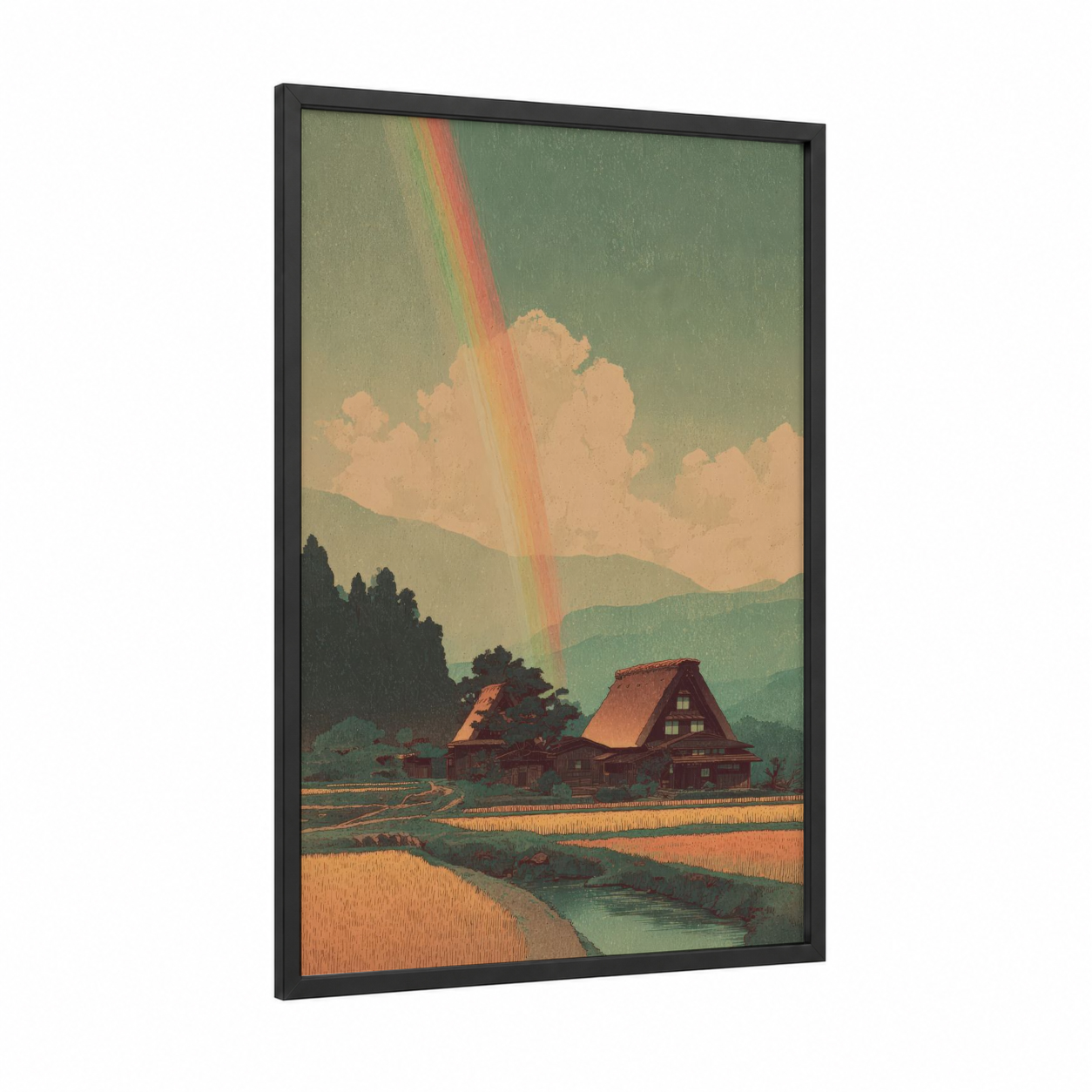 Rainbow Farmhouse framed art print — black wood frame — sage green and peach palette