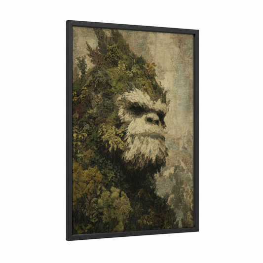 Mossy Yeti framed art print — black wood frame — beige and true green palette