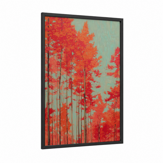 Crimson Maple Forest framed art print — black wood frame — red and turquoise palette