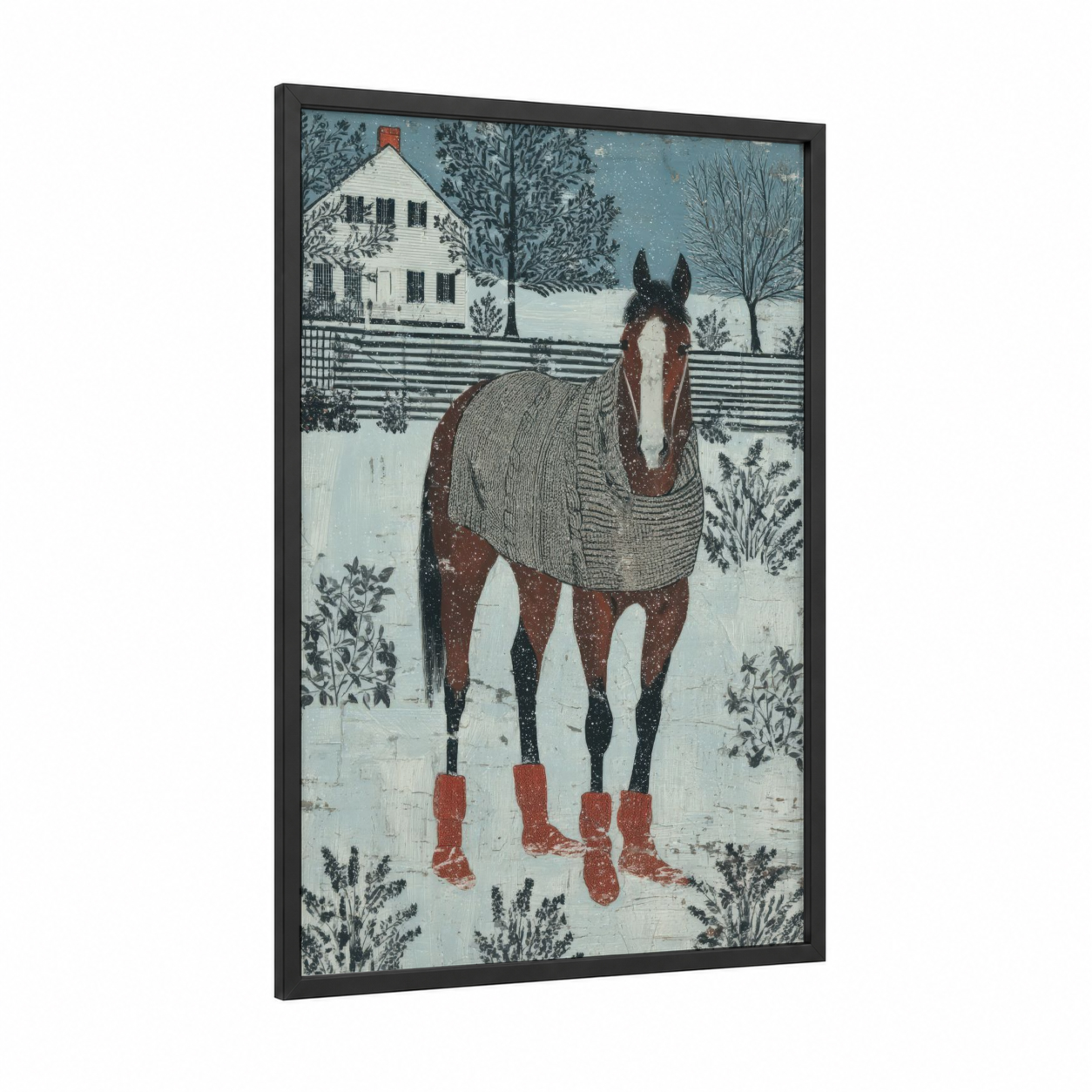 Snowy Farm Horse framed thoroughbred horse print — black wood frame — blue and white and russet palette