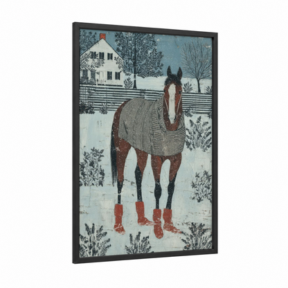Snowy Farm Horse framed thoroughbred horse print — black wood frame — blue and white and russet palette