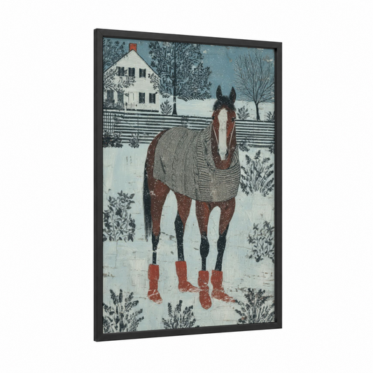 Snowy Farm Horse framed thoroughbred horse print — black wood frame — blue and white and russet palette