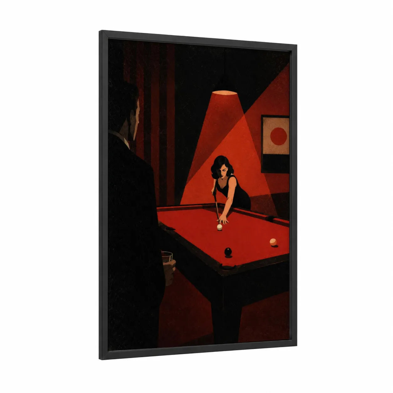 Billiards Player Geometric Wall Art framed casino print — black wood frame — red and black palette