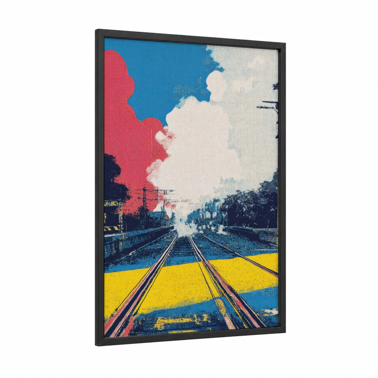 Neon Rails framed train tracks print — black wood frame — magenta and royal blue palette