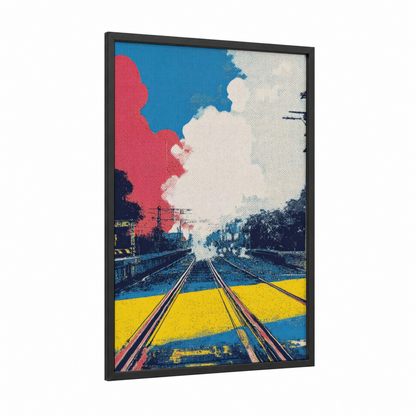 Neon Rails framed train tracks print — black wood frame — magenta and royal blue palette