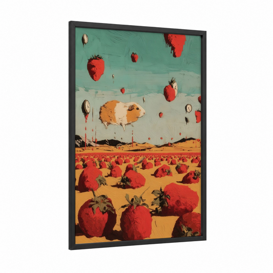 Strawberry Guinea Pig framed art print — black wood frame — turquoise and red palette