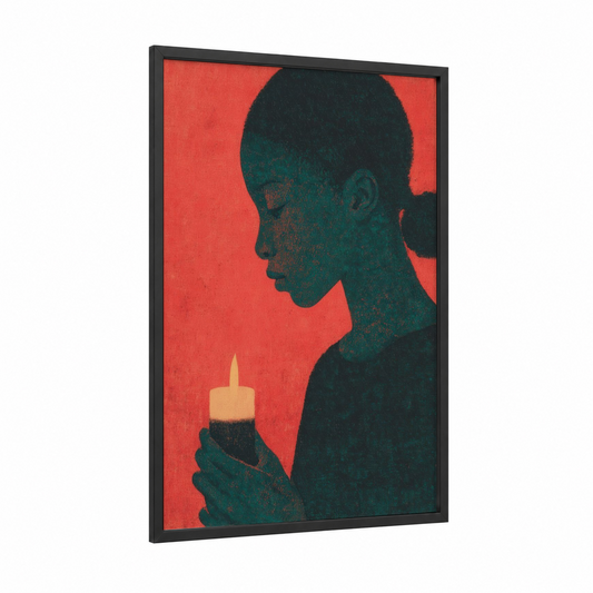 Kwanzaa Reflection framed art print — black wood frame — red and teal palette